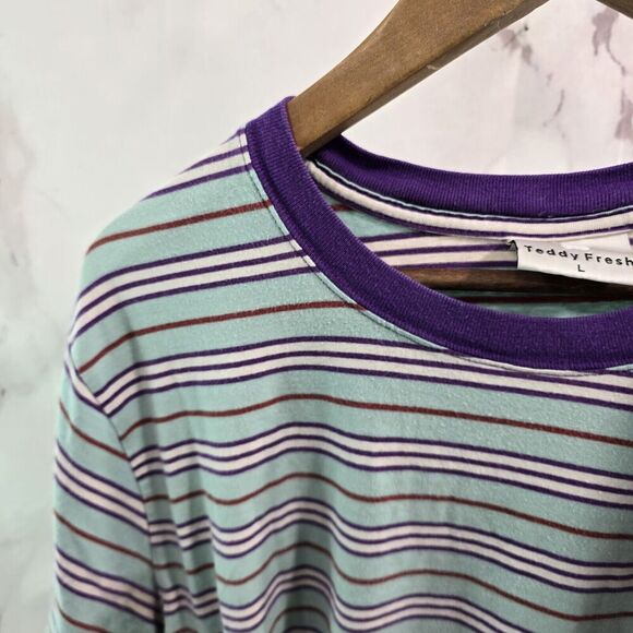 Teddy Fresh T Shirt Mens Large Blue Purple Short Sleeve Crew Striped Ringer - Picture 2 of 14